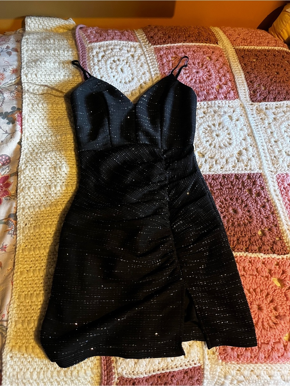 Emerald Sundae Black Sparkle Ruched Mini Dress